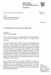 Brief der Ministerin an die Eltern u. Erziehungsberechtigten aller SuS zu Corona-Maßnahmen ab 10.08.2022